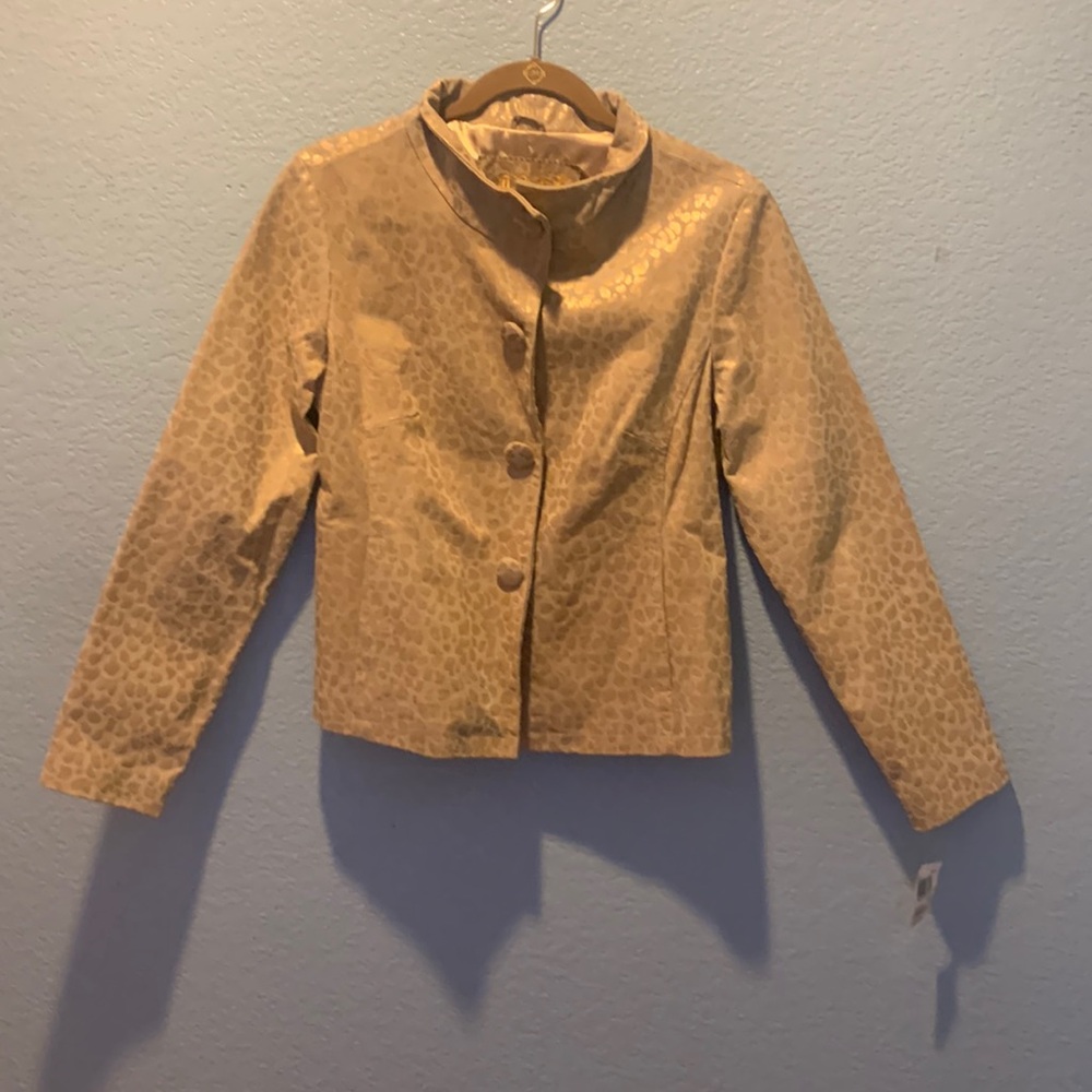 Live A Little LAL Size M Leather Jacket Leopard/Deer Tan Metallic Gold NEW NWT